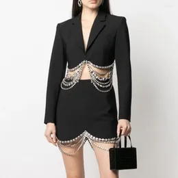 Two Piece Dress High Quality Sexy Summer Wear 2023 Mini Blazer With Skirt 2 Pieces Sets Black Women Tassels Waist Set