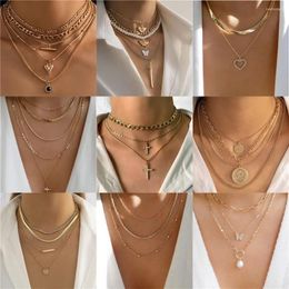 Pendant Necklaces Vintage Crystal Cross Heart Angel Butterfly Necklace For Women Female Fashion Punk Gold Color Multilevel Chain Jewelry