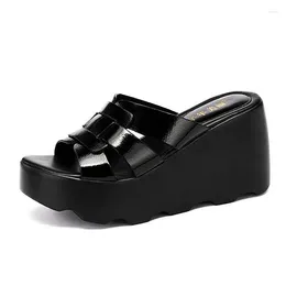 Slippers 8cm Small Big Size 32-43 Thick Bottom Chunky Platform Shoes Summer 2023 High Heels Wedges Genuine Leather Slides Office