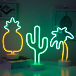 Night Lights Flamingo Led Neon Light Coconut Tree Cactus Heart Shape Lamp Stand Colourful Home Room Decoration Christmas Night light P230331