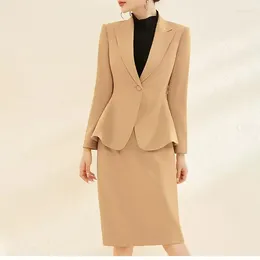 Two Piece Dress Business Suit Women Coffee Blazer Suits Skirts Set Slim Fit Spring Thin Notched Single Buckle Gentle 2023 Commuter Work
