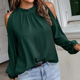 Women's Blouses Women Blouse O-Neck Ruffles Collar Long Sleeve Solid Colour Elegant Autumn Winter Pleated Cold Shoulder Loose Top