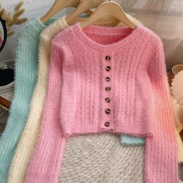 Women's Sweaters O Neck Single Breasted Pink Knitted Crop Tops Women 2023 Winter Clothes Korean Sweet Sweater Female Soft Long Sleeve