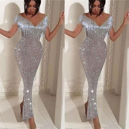 Sexy Silver Maxi Dress Women Tassel Sequin Deep-V Bodycon Dress Off Shoulder Long Sleeve Wedding Evening Party Long2447