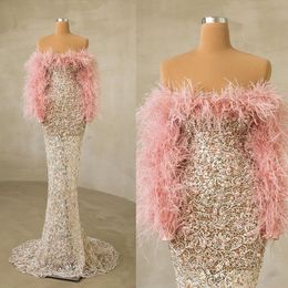 Fashion Strapless Feather Mermaid Wedding dresses Sexy Lace Pearls Bridal Gowns Illusion High Floor Length Dress Formal Custom Made