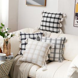 Pillow Case Nordic Simple Yarn-Dyed Plaid Around Tassel Sofa Cushion Cover Home Decoration Model Room