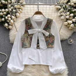 Women's Blouses Two Piece Of Vintage O-neck Bow Lace Up Long Puff Sleeve Women Shirts Autumn Floral Print Versatile Female Vests Drop