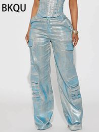 Women's Jeans BKQU American Straight Pockets High Waist Women Cargo Pants 2023 Fashion Silver Shiny Print Loose Wide Leg Denim Trousers 231102