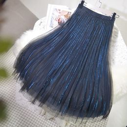 Skirts Long Shining Pleated Skin Weight Loss Mesh Skin Bright Silk Yarn Skin A-Line Pleated Stripes Blue Skin Princess Shine 230403