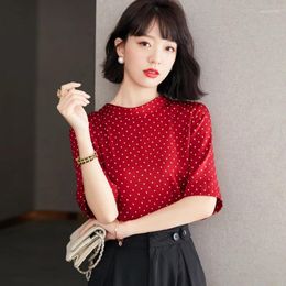 Women's Blouses High Quality Polka Dot Silk Shirt Short Sleeved Top Design Sense Niche Stand Collar Korean Woman Shirts