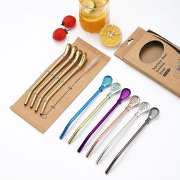 Drinking Straws 5pcs/set Reusable Stainless Steel Drinking Straws with Filter Spoon Sets Tea Filter Beverage Pipe Stirring Spoon Q683