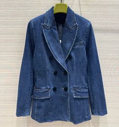 2023 Autumn Blue Solid Color Jacket Long Sleeve Lapel Neck Double Pockets Double-Breasted Jackets Coat Short Outwear Z3G312191