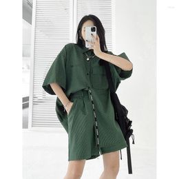 Women's Tracksuits Women's Green Plaid Polo Collar Shirts Short Sleeves Shorts Two Piece Set Sports Style Casual Fashion Baggy Ladies