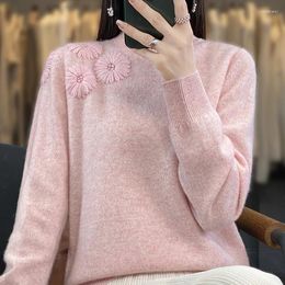 Women's Sweaters 2023 Autumn/Winter Ladies Pullover Half High Neck Wool Sweater Casual Solid Colour Top Flower Clothing