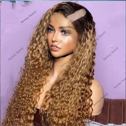 Ombre Honey Blonde Bouncy Curly V Part Wigs Human Hair Golden Brown Glueless U Part Wig Left/Right/Middle Shaped 100% Remy Hair