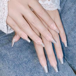False Nails E8BB French Tip Press On Long With Designs Glitter Fake Coffin Artificial