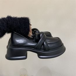 Loafers Fashion Round Black Platform Toe Chunky Heels Retro Flat Shoes Female Slip On Casual Dress Women Pumps 230403 220