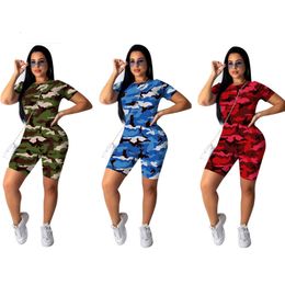 Women's Two Piece Pants Women Casual Two-Piece Clothes Set Camouflage Printed Pattern Short Sleeve Top Shorts Blue Army Green Red Lady Shorts Suit 230331