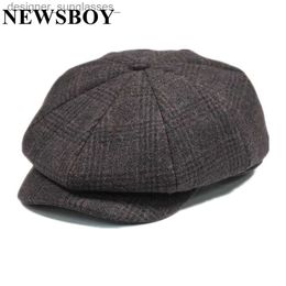 Berets NEWSBOY Wool Men Hat Tweed Plaid Newsboy C British Style Gatsby Flat C Woollen Octagonal Hat Autumn Winter Male BeretL231103