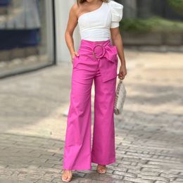 Women s Two Piece Pants LIYONG Women Set Sexy One Shoulder Puff Sleeve Solid Color Top Loose Wide Legs Lace Up With Pockets Sets 230403