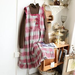 Casual Dresses 112cm Bust Autumn Winter Women Mori Kei Girl Loose Plus Size Embroidered Comfy Warm Woollen Plaid Sleeveless Tank