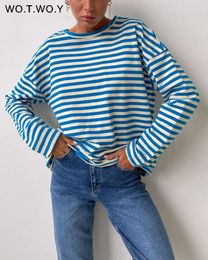 Women's T-Shirt WOTWOY Summer Striped Long Sleeves T-Shirts Women Spring Soft Cotton Knitted Tee Shirt Female Basic Loose Y2k Tops Goth 230403