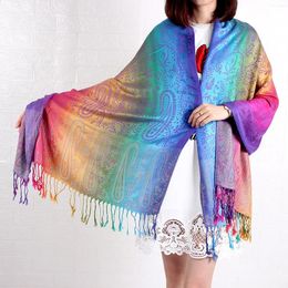 Shawls Rainbow Scarf Jacquard Shawl Paisley Silky Gradient Pashmina Handkerchief Bohemian Ethnic Fringed Winter Women Blanket Scarves 231102