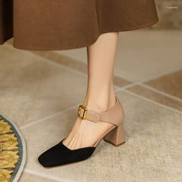 Sandals Phoentin Real Leather Suede Patchwork Pumps Women 2023 Summer Autumn Retro Square Toe High Heels Cover Heel Shoes FT2747