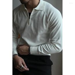 Men's Polos 2023 Autumn Casual Texture Knitted Polo Shirt Korean Vintage Lapel Zipper Long Sleeve Premium Luxury Solid Colour T-shirt