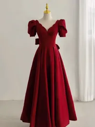 Party Dresses Vintage Bow Wine Red Evening Dress V-Neck Princess Corset Short Puff Sleeves Satin Slim Waist A-line Prom Ceremony Formal