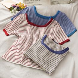 Women's T Shirts OUMEA Women Knitted Stripe Tshirt Korean Style Short Sleeve Casual Knit Top Square Neck Vintage Crop For