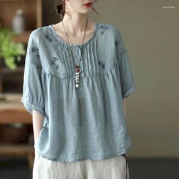 Women's Blouses Shirts For Women Half Sleeve Pullover Vintage Embroidery Cotton Linen Loose Casual Korean Fashion Retro O-neck Blouse Tops
