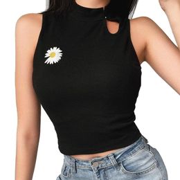 Women's Tanks Women's Embroidered Solid Colour Black And White Daisy Flower Printed Vest Sleeveless Hollow High Neck Knitted Casual