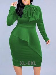 Plus Size Dresses Bow-tie Decor Bodycon Dress Elegant Romantic Ribbon Collar Long Sleeve Skinny Clothing Autumn For Wo 3xl 4xl 5xl 6xl