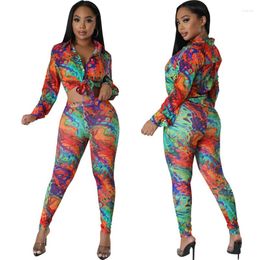 Women's Two Piece Pants City Ladies American Vintage 2-piece Autumn Polychrome Print Long Sleeve Bat Shirt & Slim Fit