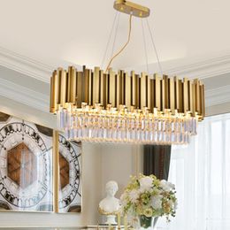 Pendant Lamps AC 110V 220V Modern K9 Crystal Lamp E14 Chandelier For Living Oval Luxury Gold Round Stainless Steel Line Chandeliers Lighting