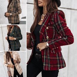 Women's Suits Blazers S-3XL 4Colors Double-Breasted Plaid Shape Slim Blazer Coat Long-Sleeve Women Office Spring Autumn Suit Polyester Fibre Jacket 230403