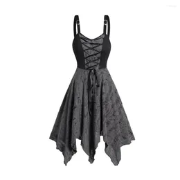 Casual Dresses Gothic Colorblock Lace Up Destroyed Style Dress For Female Adjustable Strap Asymmetrical Hem Midi Robe