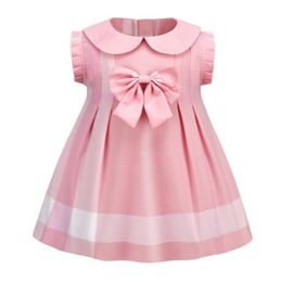 Summer Girls Baby Dress Turn-down Collar Short Sleeve Bow Skirt Cotton Kids Girl Dresses Children Casual Clothing