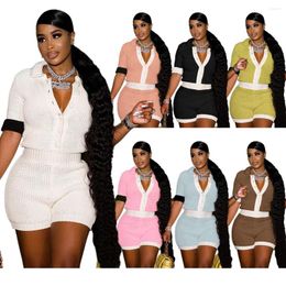 Women's Tracksuits Fashion Crochet Knitted Turn-down Collar Two Piece Sets Streetwear 2023 Summer Women Shorts Outfit Hollow Out Short Pants