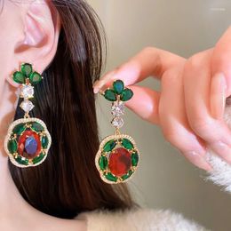 Dangle Earrings Vintage Jewelry Drop Earring For Women Gold Color 925 Silver Needle Red Green Zirconia Fine Accessories Party Ear Stud