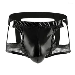 Underpants Sexy Mesh Boxers Shorts Men Breathable Transparent PU Leather Open Back Hip Seamless Men's Underwear Convex Pouch