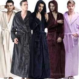 Men's Robes Men Winter Long Hooded Flannel Bathrobe Plus Size Thick Coral Fleece Bath Lovers Cosy Dressing Gown Sleepwear 231102