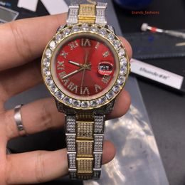 Top Quality Men's WristWatch bi-Golden Stainless Steel Diamond Watch Red Face Popular Automated Business Watches