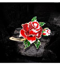 Brooches Female Fashion Vintgae Crystal Rose Flower For Women Luxury Yellow Gold Color Enamel Alloy Plant Brooch Safety Pins