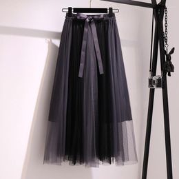 Skirts 2023 Summer Women Mesh A-Line Lace-Up High Waist Petticoat Female 4XL Patchwork Big Swing Fairy Skits Z111