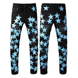 Mens Jeans Sky blue pentagram Pants Man Washed Biker Trousers Fashion Casual Mature Trendy Denim Pant Hip Hop motorcycle jean