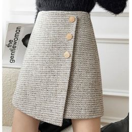Skirts Mini Skirts Women's Asymmetric Party Fashion Elegant Tweed Faldas Button Design Fully Matches Wool Skirt 230403