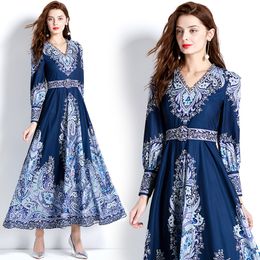 Blue Vacation Paisley Floral Maxi Dress with Belt Woman Designer Sexy Slim V-Neck High Waist Party Long Dresses Robes 2023 Spring Autumn Runway Lantern Sleeve Frocks
