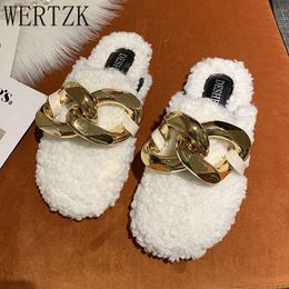 Slippers Brand Design Women Slipper Fashion Gold Chain Slip On Mules Shoes Winter Warm Lambswool Slides Casual Flat Flip Flop 230403